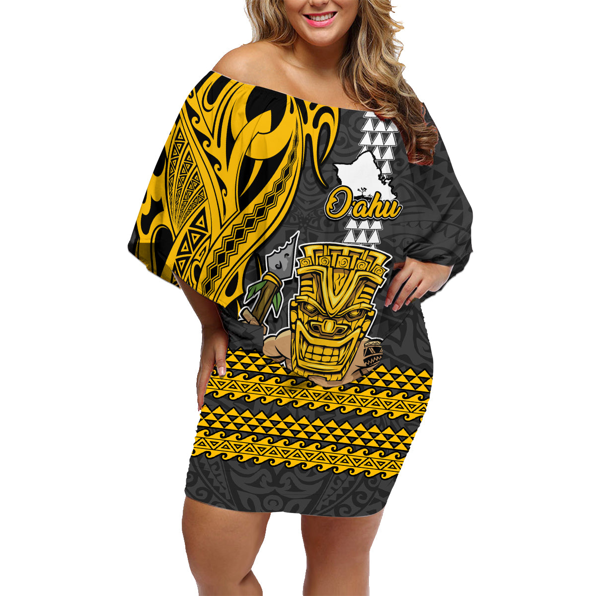 Hawaii Oahu Island Family Matching Off Shoulder Short Dress and Hawaiian Shirt Hawaiian Warrior and Kakau Symbols Abstract Tattoo LT03 Mom's Dress Yellow - Polynesian Pride