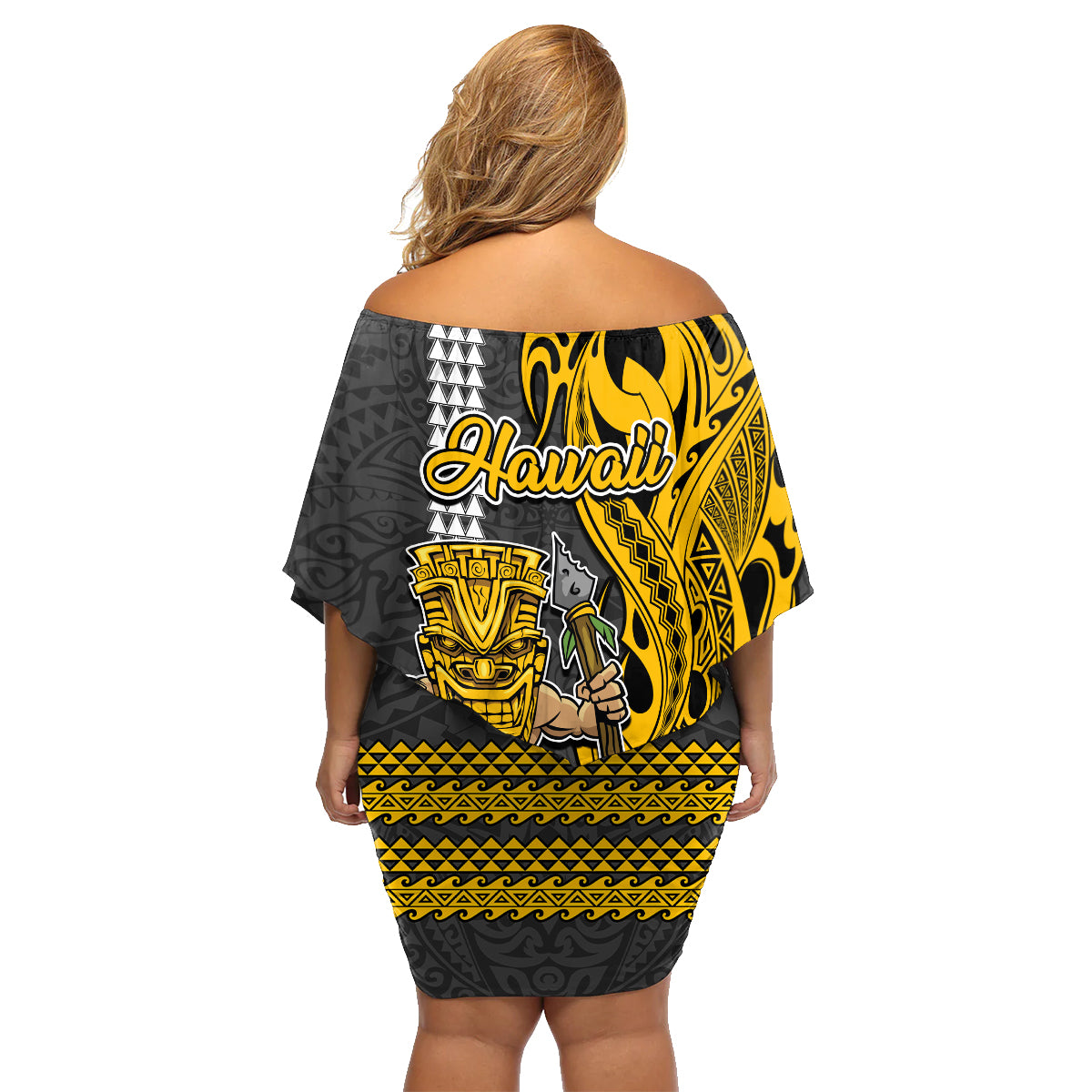 Hawaii Oahu Island Family Matching Off Shoulder Short Dress and Hawaiian Shirt Hawaiian Warrior and Kakau Symbols Abstract Tattoo LT03 - Polynesian Pride