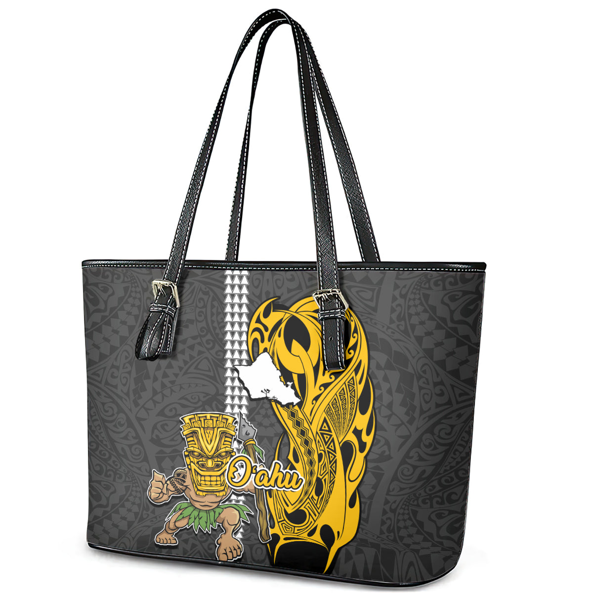 Hawaii Oahu Island Leather Tote Bag Hawaiian Warrior and Kakau Symbols Abstract Tattoo LT03 - Polynesian Pride