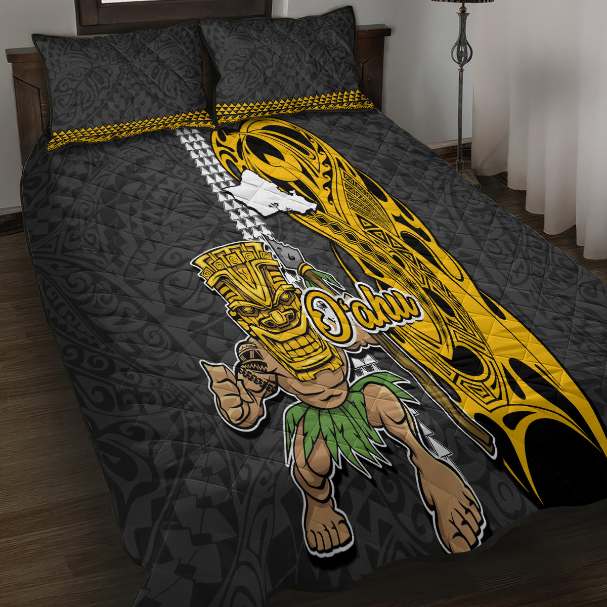Hawaii Oahu Island Quilt Bed Set Hawaiian Warrior and Kakau Symbols Abstract Tattoo LT03 - Polynesian Pride
