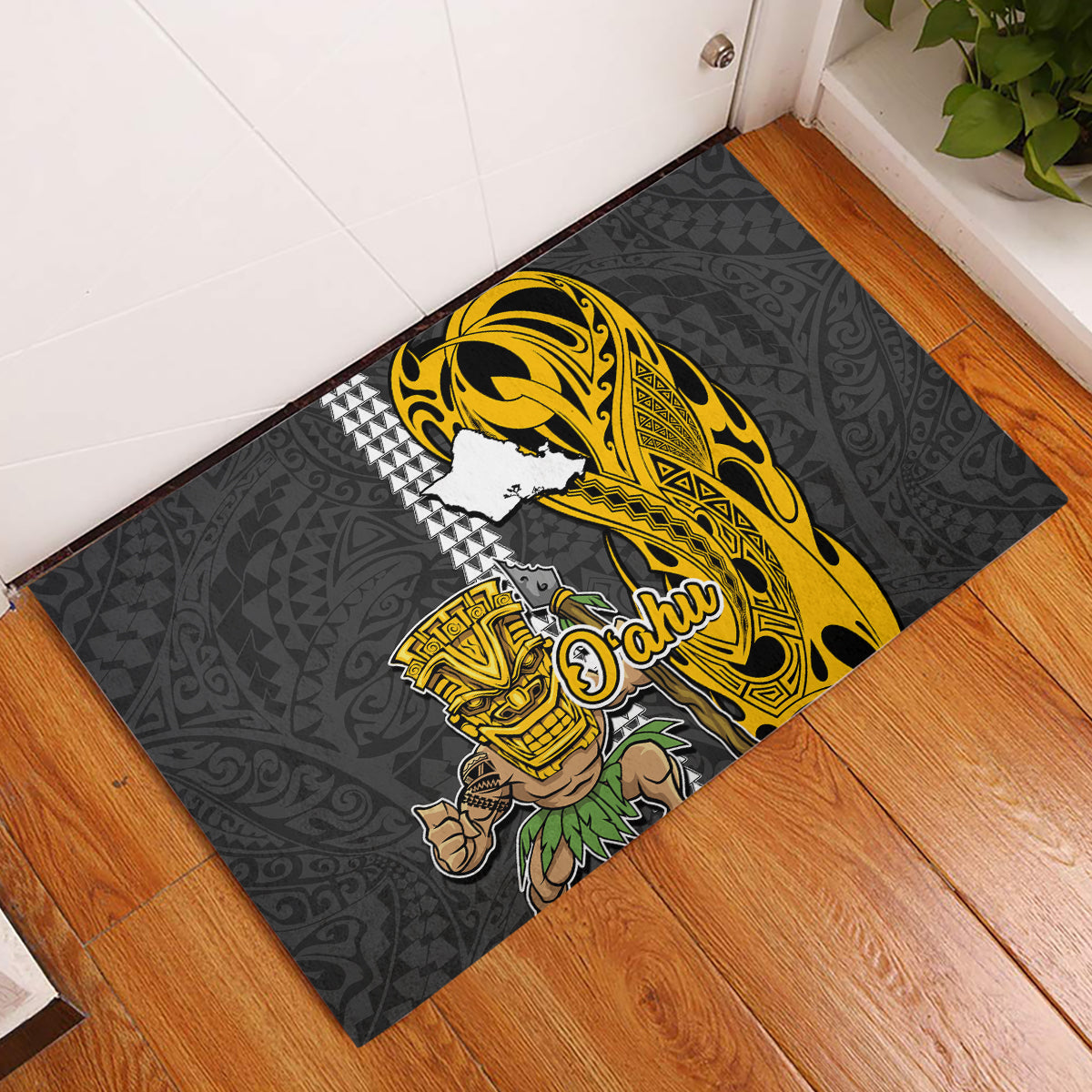 Hawaii Oahu Island Rubber Doormat Hawaiian Warrior and Kakau Symbols Abstract Tattoo LT03 Yellow - Polynesian Pride