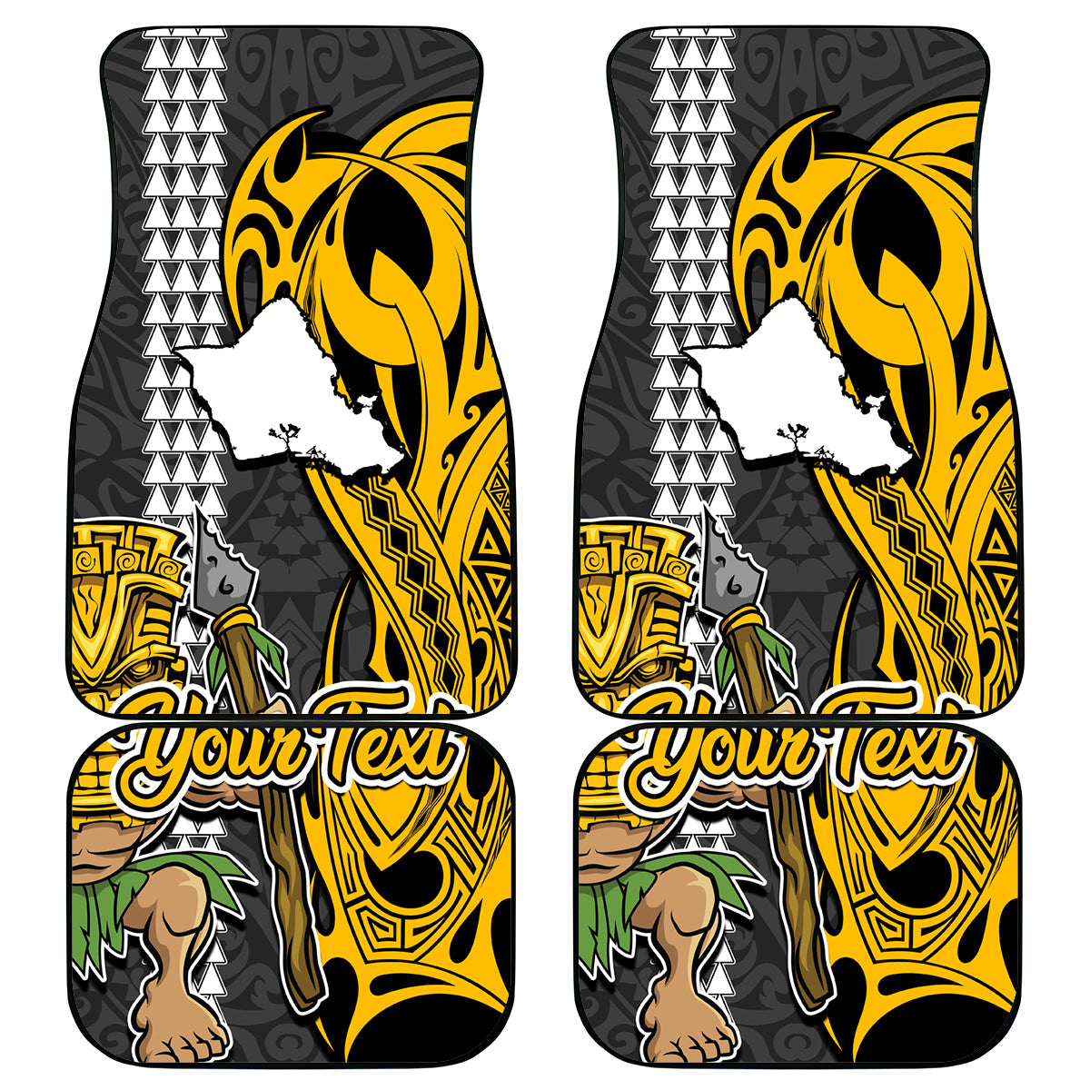 Custom Hawaii Oahu Island Car Mats Hawaiian Warrior and Kakau Symbols Abstract Tattoo LT03 Yellow - Polynesian Pride