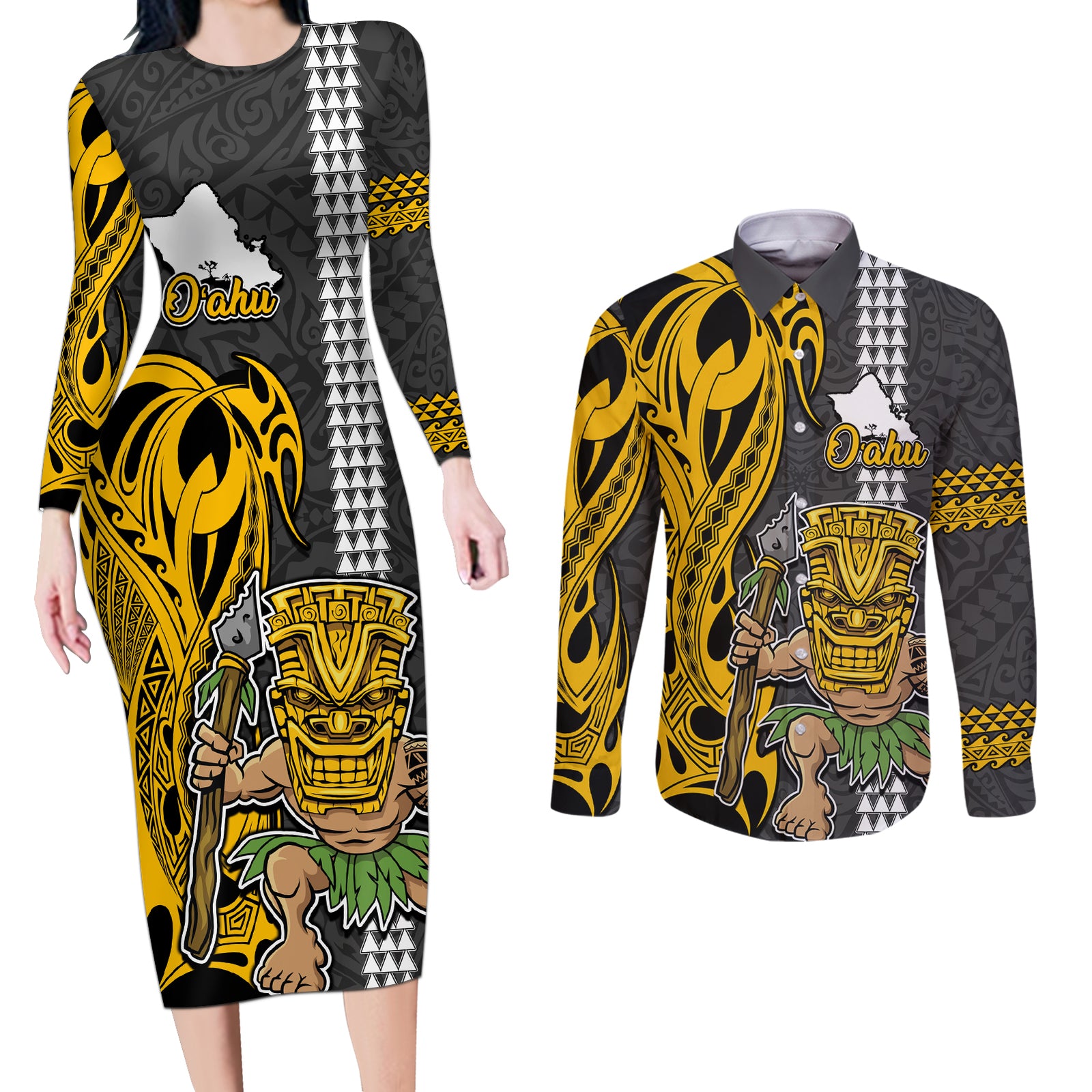 Custom Hawaii Oahu Island Couples Matching Long Sleeve Bodycon Dress and Long Sleeve Button Shirts Hawaiian Warrior and Kakau Symbols Abstract Tattoo LT03 Yellow - Polynesian Pride