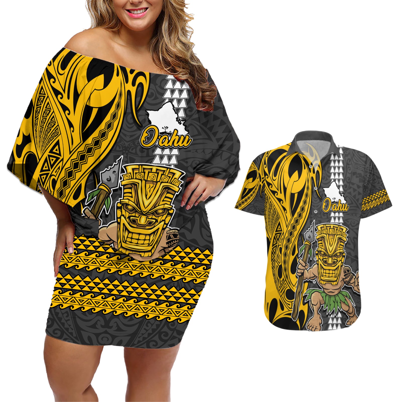 Custom Hawaii Oahu Island Couples Matching Off Shoulder Short Dress and Hawaiian Shirt Hawaiian Warrior and Kakau Symbols Abstract Tattoo LT03 Yellow - Polynesian Pride