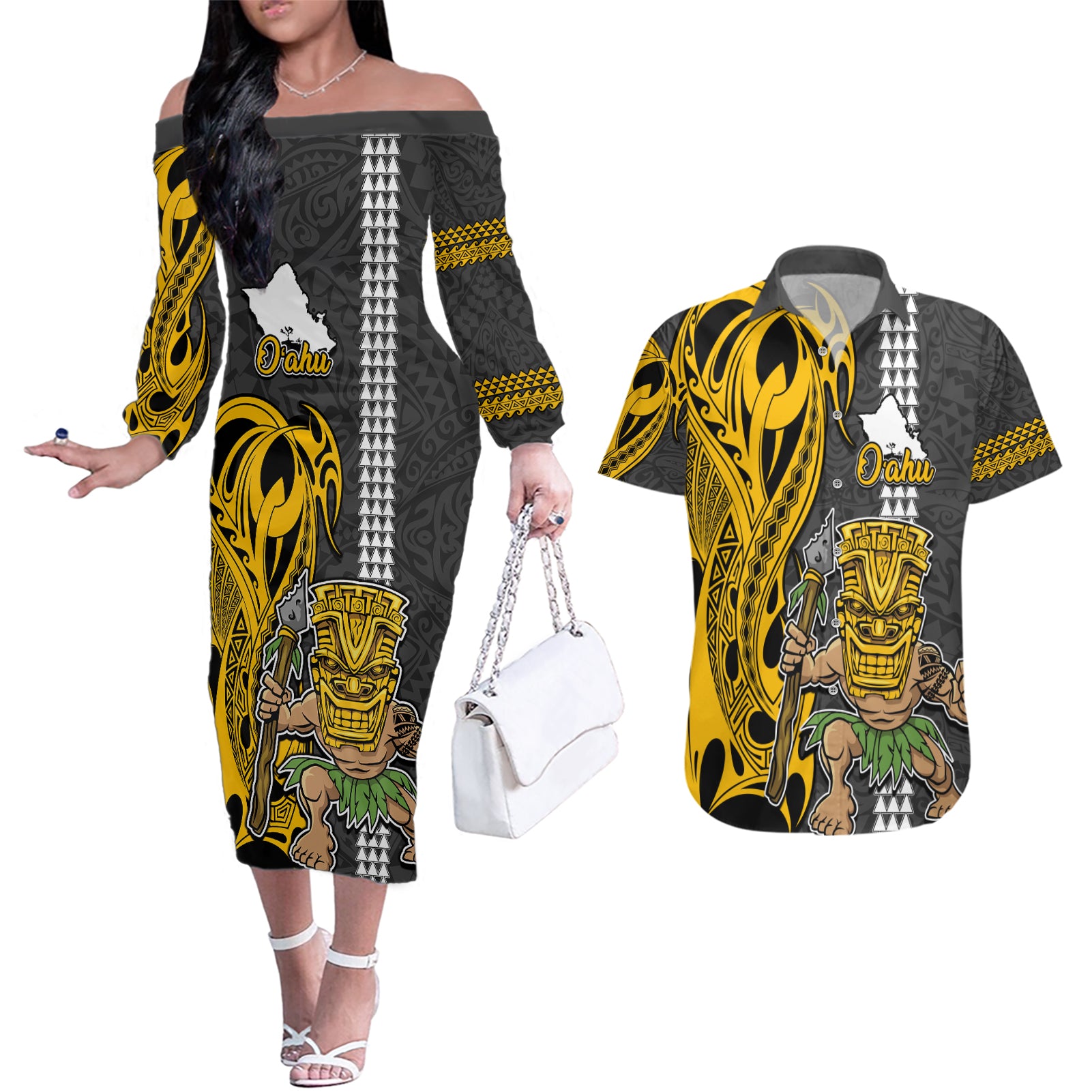 Custom Hawaii Oahu Island Couples Matching Off The Shoulder Long Sleeve Dress and Hawaiian Shirt Hawaiian Warrior and Kakau Symbols Abstract Tattoo LT03 Yellow - Polynesian Pride