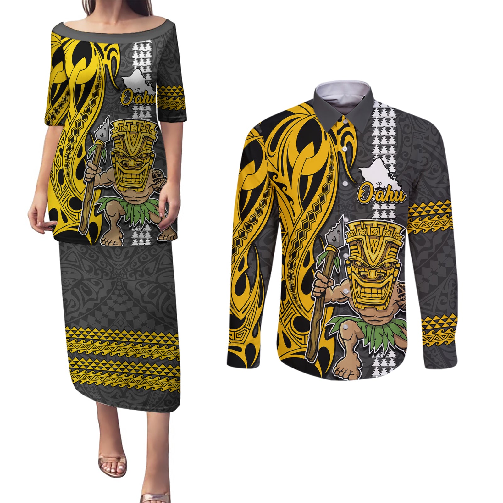 Custom Hawaii Oahu Island Couples Matching Puletasi Dress and Long Sleeve Button Shirts Hawaiian Warrior and Kakau Symbols Abstract Tattoo LT03 Yellow - Polynesian Pride