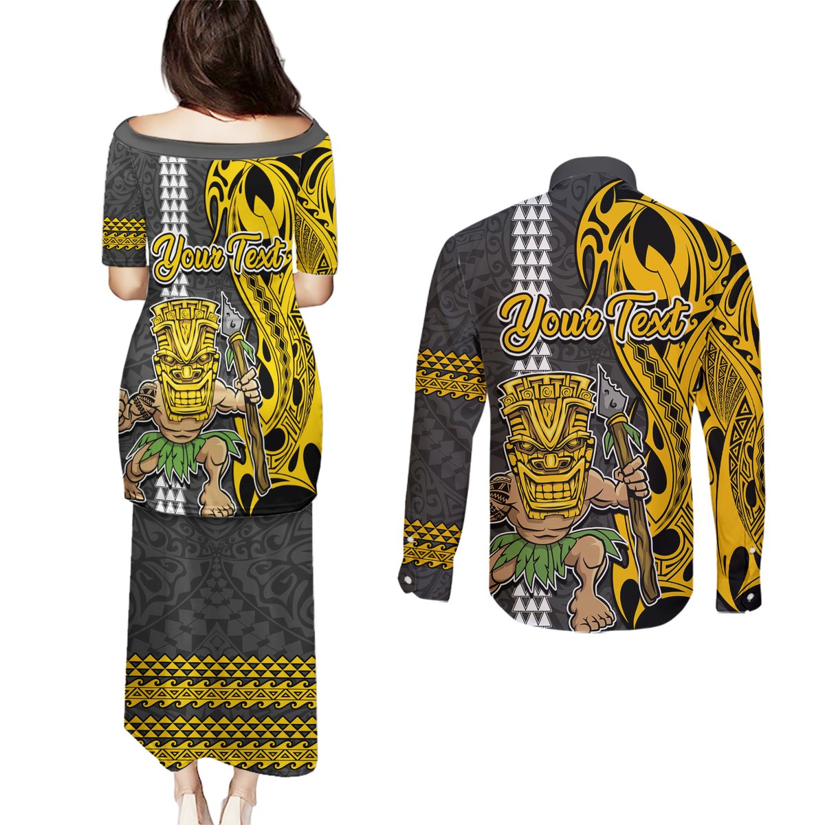 Custom Hawaii Oahu Island Couples Matching Puletasi Dress and Long Sleeve Button Shirts Hawaiian Warrior and Kakau Symbols Abstract Tattoo LT03 - Polynesian Pride