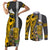 Custom Hawaii Oahu Island Couples Matching Short Sleeve Bodycon Dress and Long Sleeve Button Shirts Hawaiian Warrior and Kakau Symbols Abstract Tattoo LT03 Yellow - Polynesian Pride