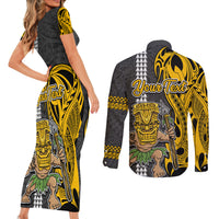 Custom Hawaii Oahu Island Couples Matching Short Sleeve Bodycon Dress and Long Sleeve Button Shirts Hawaiian Warrior and Kakau Symbols Abstract Tattoo LT03 - Polynesian Pride
