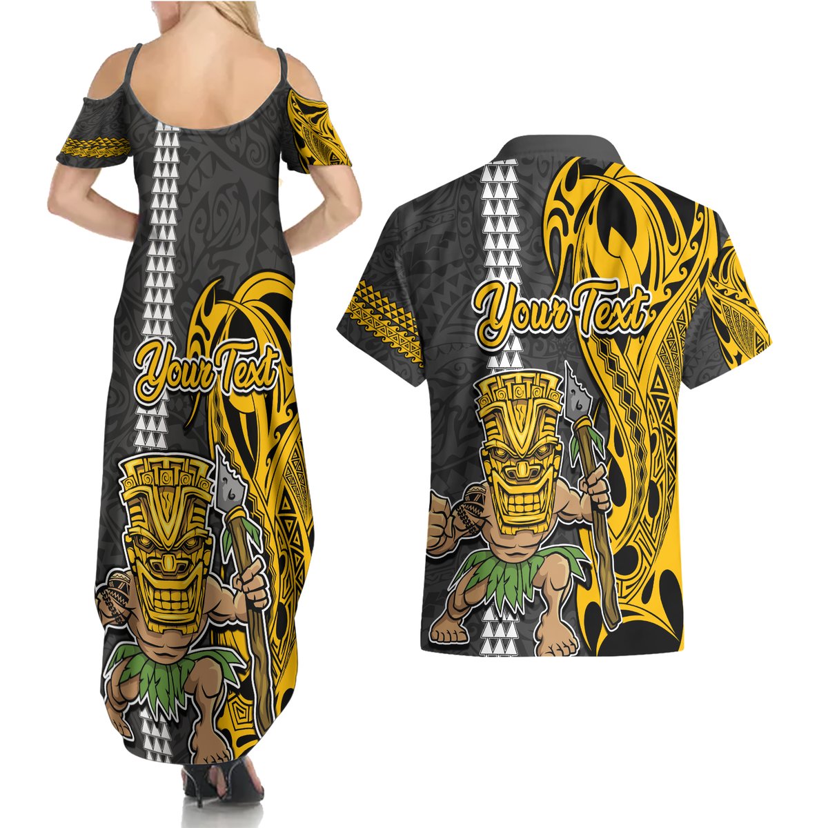 Custom Hawaii Oahu Island Couples Matching Summer Maxi Dress and Hawaiian Shirt Hawaiian Warrior and Kakau Symbols Abstract Tattoo LT03 - Polynesian Pride