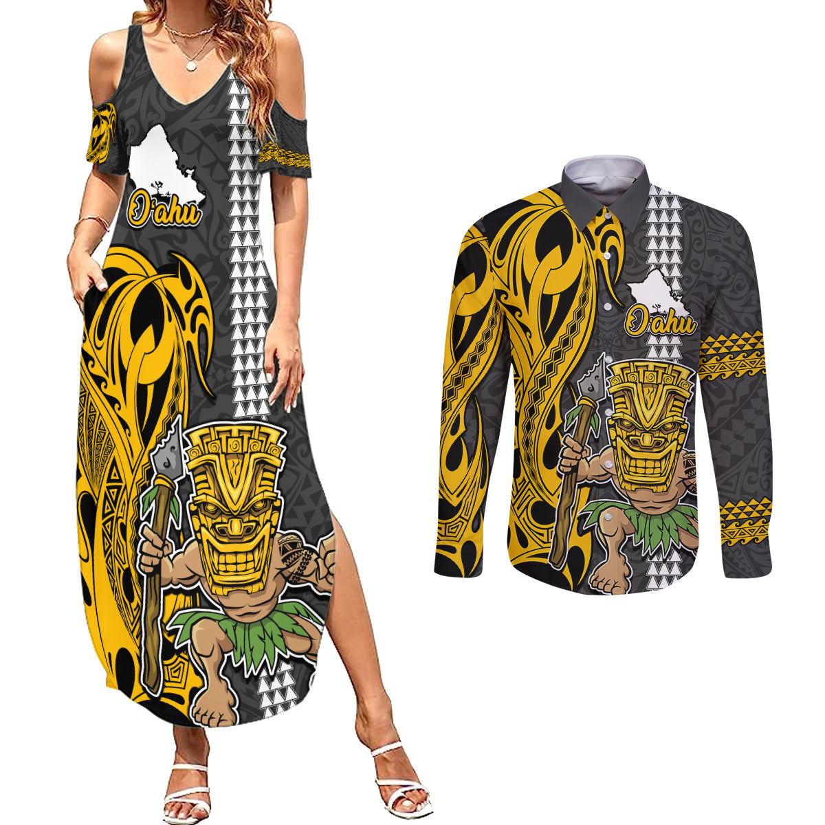 Custom Hawaii Oahu Island Couples Matching Summer Maxi Dress and Long Sleeve Button Shirts Hawaiian Warrior and Kakau Symbols Abstract Tattoo LT03 Yellow - Polynesian Pride