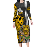 Custom Hawaii Oahu Island Family Matching Long Sleeve Bodycon Dress and Hawaiian Shirt Hawaiian Warrior and Kakau Symbols Abstract Tattoo LT03 Mom's Dress Yellow - Polynesian Pride