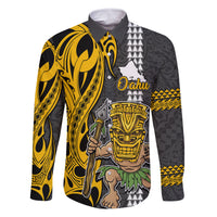 Custom Hawaii Oahu Island Family Matching Mermaid Dress and Hawaiian Shirt Hawaiian Warrior and Kakau Symbols Abstract Tattoo LT03 Dad's Shirt - Long Sleeve Yellow - Polynesian Pride