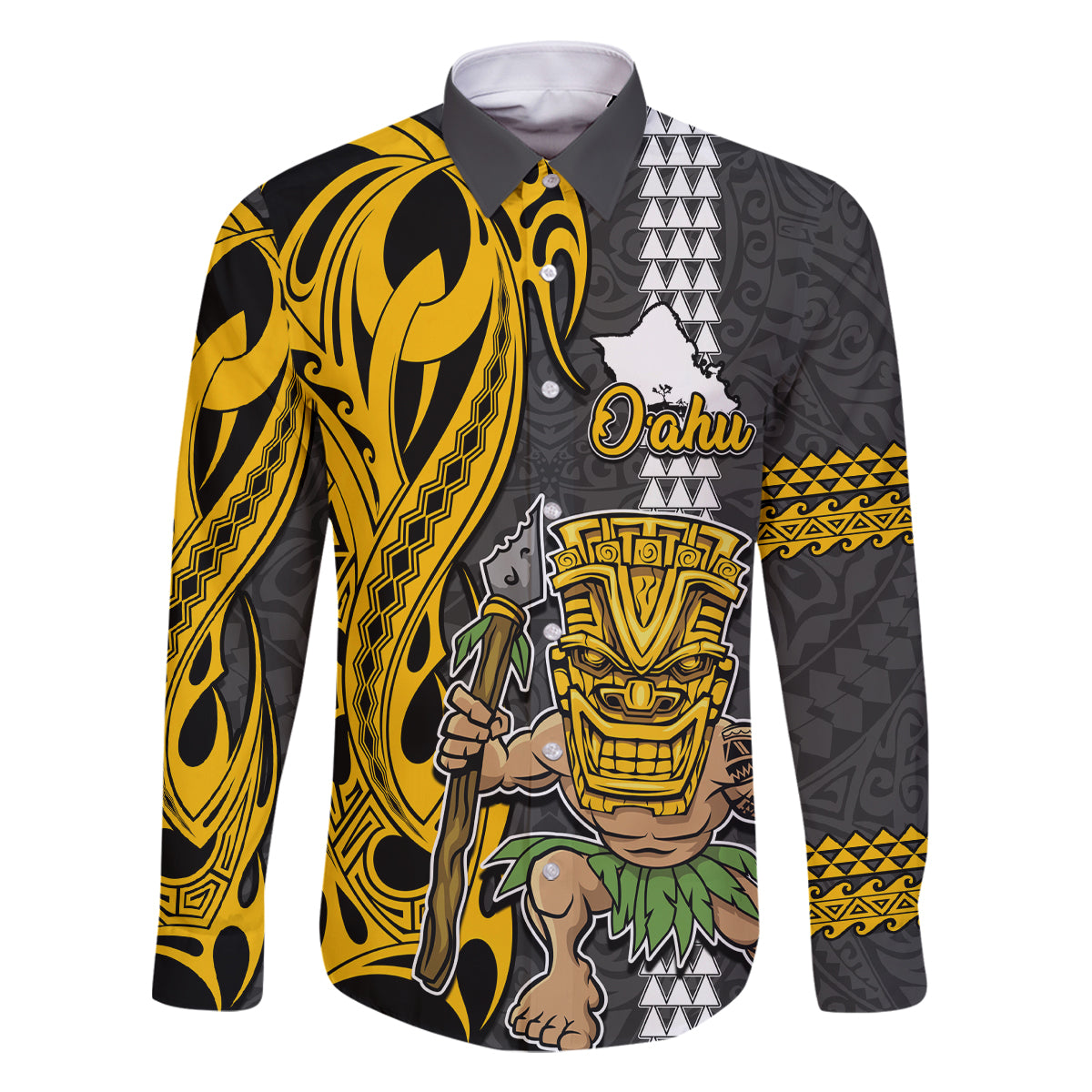 Custom Hawaii Oahu Island Family Matching Off Shoulder Long Sleeve Dress and Hawaiian Shirt Hawaiian Warrior and Kakau Symbols Abstract Tattoo LT03 Dad's Shirt - Long Sleeve Yellow - Polynesian Pride