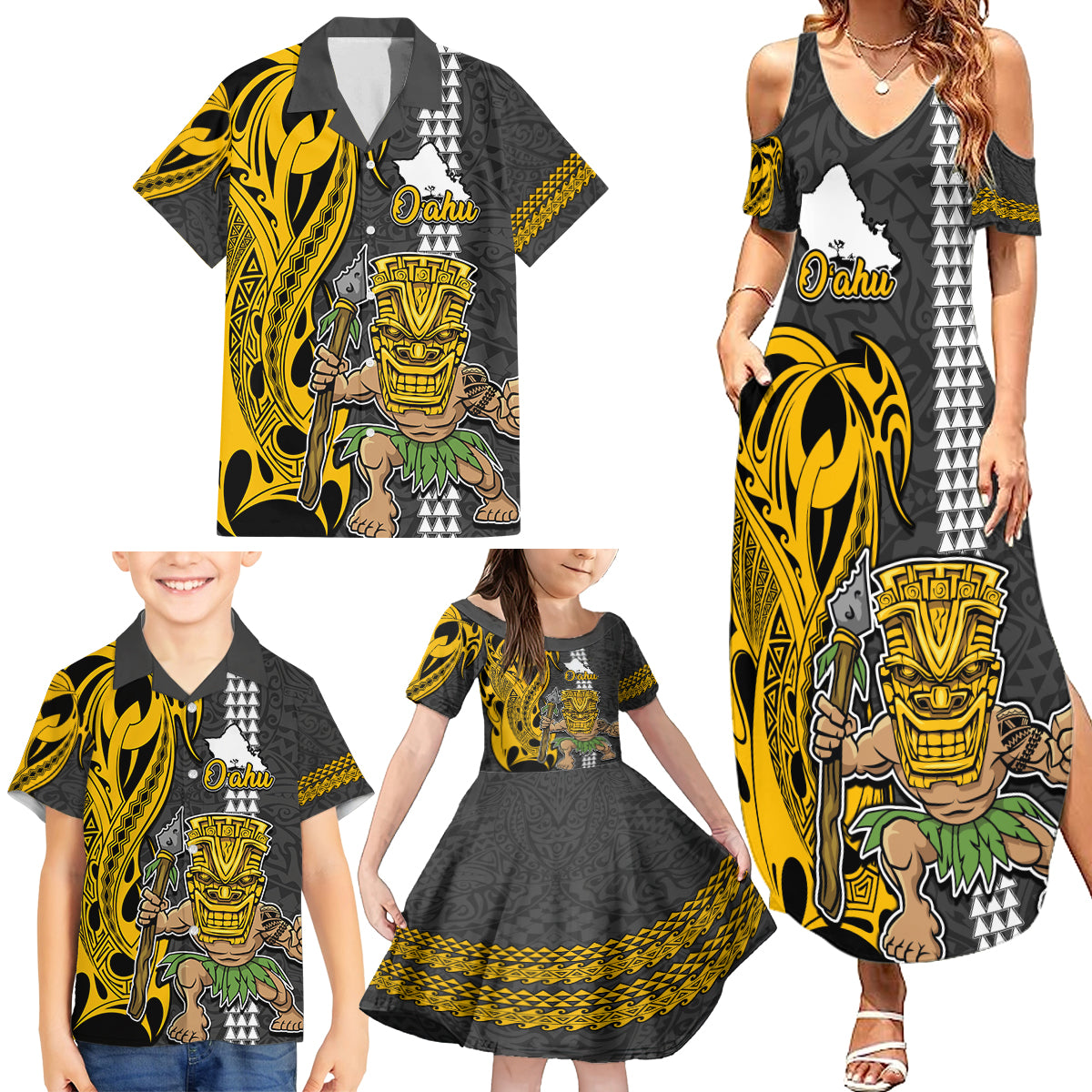 Custom Hawaii Oahu Island Family Matching Summer Maxi Dress and Hawaiian Shirt Hawaiian Warrior and Kakau Symbols Abstract Tattoo LT03 - Polynesian Pride