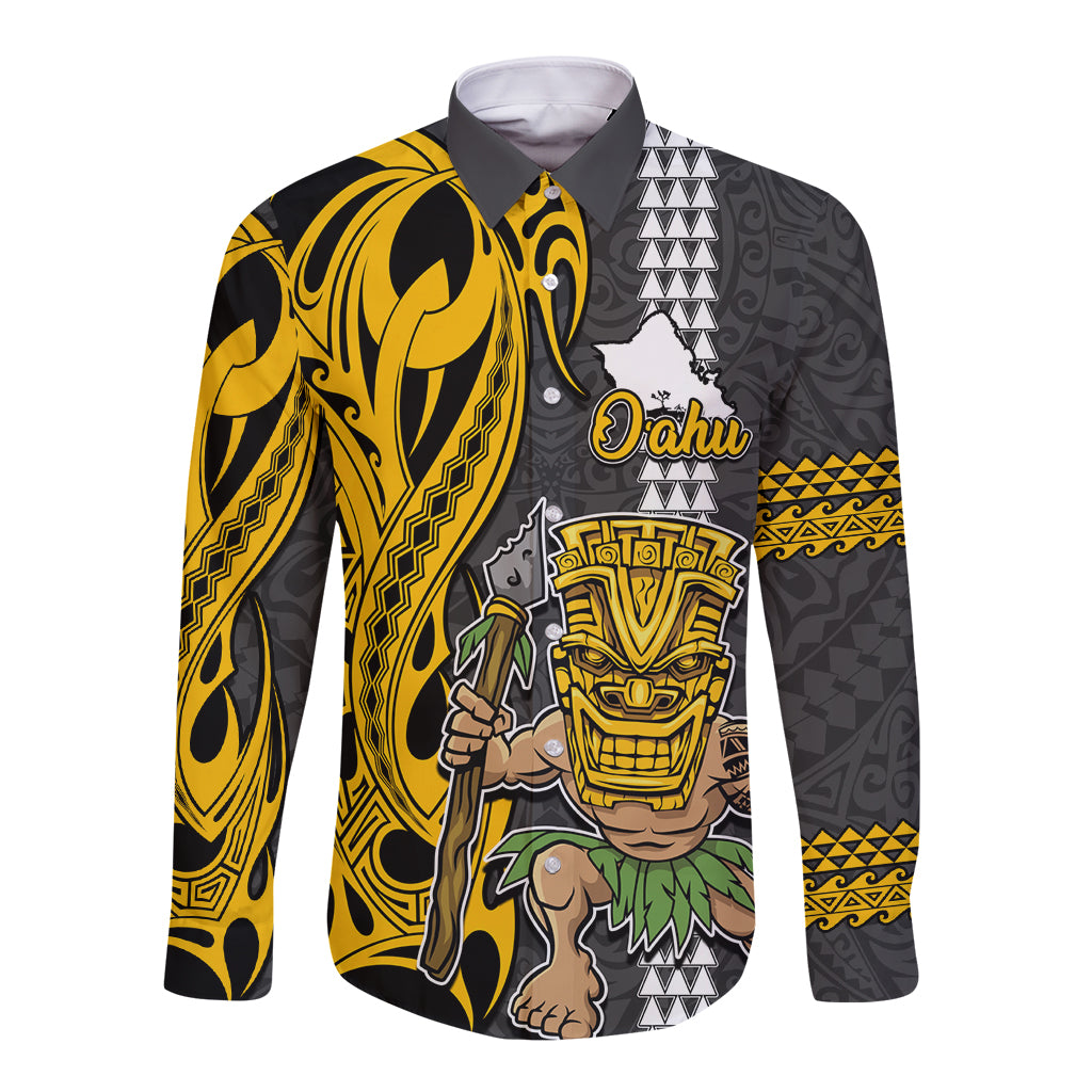 Custom Hawaii Oahu Island Long Sleeve Button Shirt Hawaiian Warrior and Kakau Symbols Abstract Tattoo LT03 Unisex Yellow - Polynesian Pride