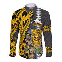 Custom Hawaii Oahu Island Long Sleeve Button Shirt Hawaiian Warrior and Kakau Symbols Abstract Tattoo LT03 Unisex Yellow - Polynesian Pride