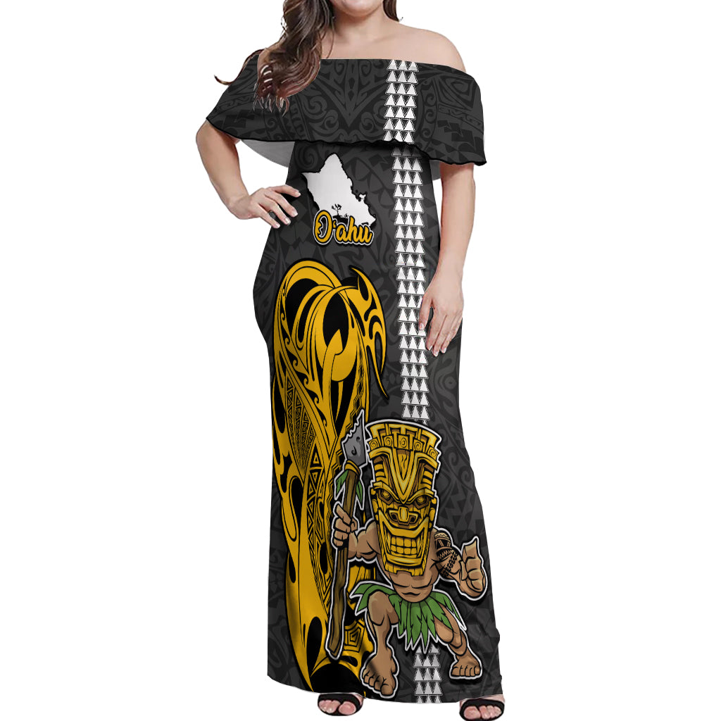 Custom Hawaii Oahu Island Off Shoulder Maxi Dress Hawaiian Warrior and Kakau Symbols Abstract Tattoo LT03 Women Yellow - Polynesian Pride