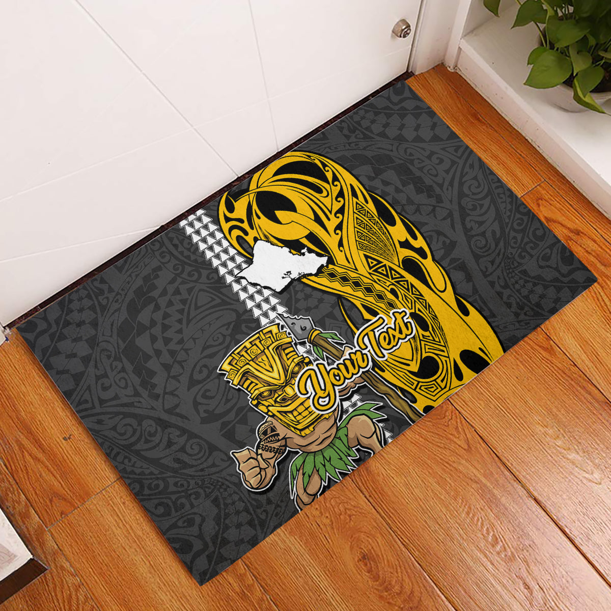 Custom Hawaii Oahu Island Rubber Doormat Hawaiian Warrior and Kakau Symbols Abstract Tattoo LT03 Yellow - Polynesian Pride