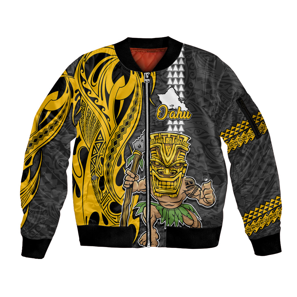 Custom Hawaii Oahu Island Sleeve Zip Bomber Jacket Hawaiian Warrior and Kakau Symbols Abstract Tattoo LT03 Unisex Yellow - Polynesian Pride