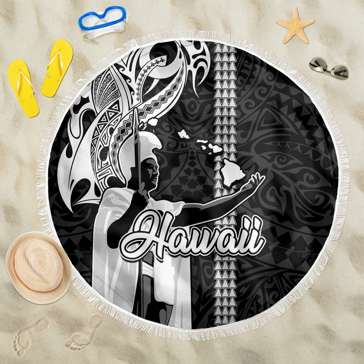 Hawaii Oahu Island Beach Blanket Hawaiian King and Kakau Symbols Abstract Shoulder Tattoo LT03 One Size 150cm Black - Wonder Print Shop