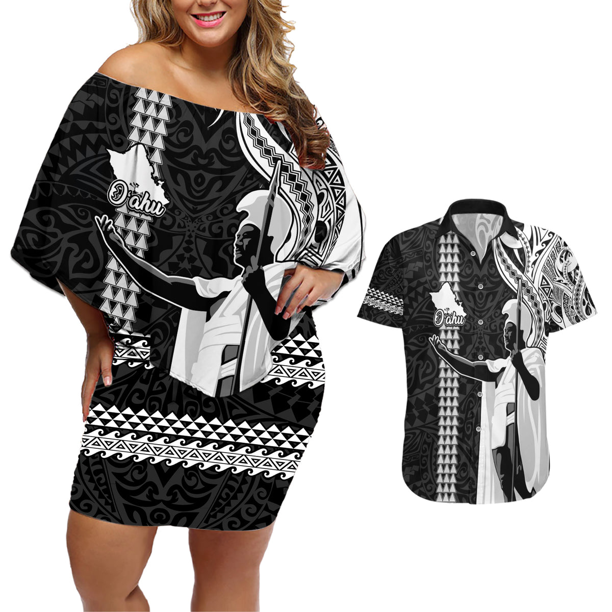 Hawaii Oahu Island Couples Matching Off Shoulder Short Dress and Hawaiian Shirt Hawaiian King and Kakau Symbols Abstract Shoulder Tattoo LT03 Black - Polynesian Pride