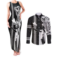 Hawaii Oahu Island Couples Matching Tank Maxi Dress and Long Sleeve Button Shirts Hawaiian King and Kakau Symbols Abstract Shoulder Tattoo LT03 Black - Polynesian Pride
