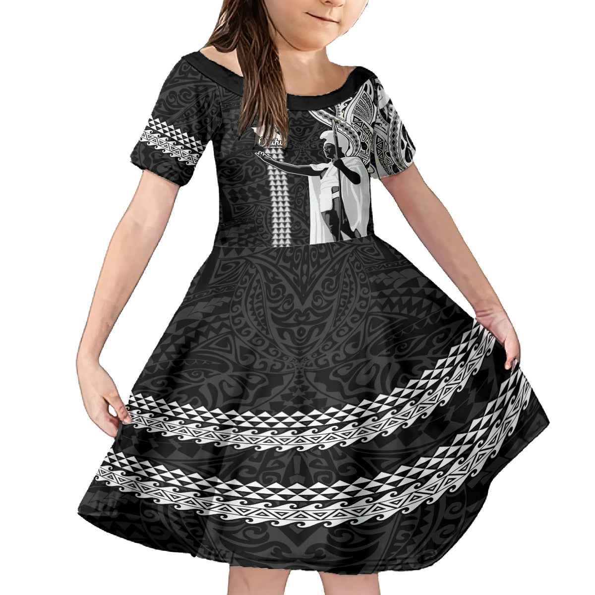 Hawaii Oahu Island Family Matching Off Shoulder Long Sleeve Dress and Hawaiian Shirt Hawaiian King and Kakau Symbols Abstract Shoulder Tattoo LT03 Daughter's Dress Black - Polynesian Pride