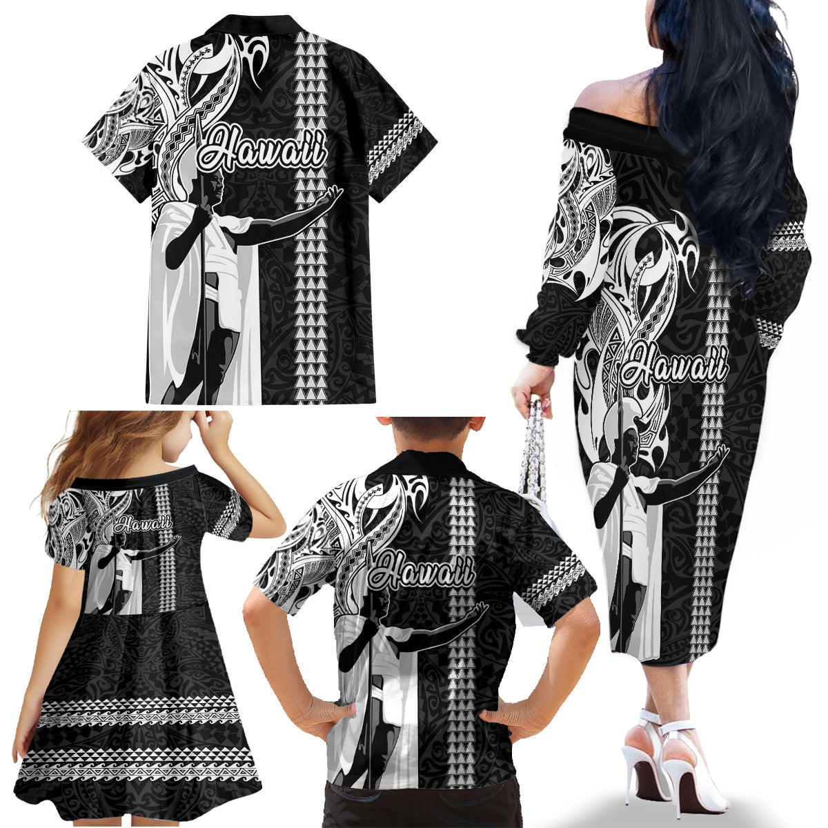 Hawaii Oahu Island Family Matching Off Shoulder Long Sleeve Dress and Hawaiian Shirt Hawaiian King and Kakau Symbols Abstract Shoulder Tattoo LT03 - Polynesian Pride