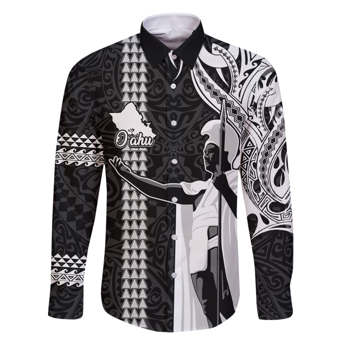 Hawaii Oahu Island Family Matching Off Shoulder Long Sleeve Dress and Hawaiian Shirt Hawaiian King and Kakau Symbols Abstract Shoulder Tattoo LT03 Dad's Shirt - Long Sleeve Black - Polynesian Pride