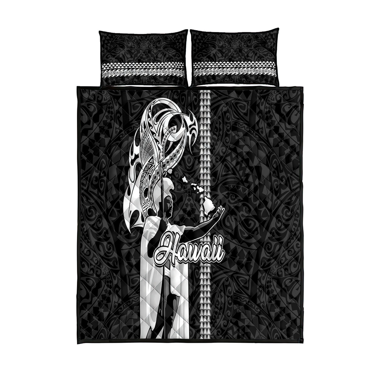 Hawaii Oahu Island Quilt Bed Set Hawaiian King and Kakau Symbols Abstract Shoulder Tattoo LT03 Black - Polynesian Pride