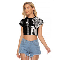 Hawaii Oahu Island Raglan Cropped T Shirt Hawaiian King and Kakau Symbols Abstract Shoulder Tattoo LT03 Female Black - Polynesian Pride