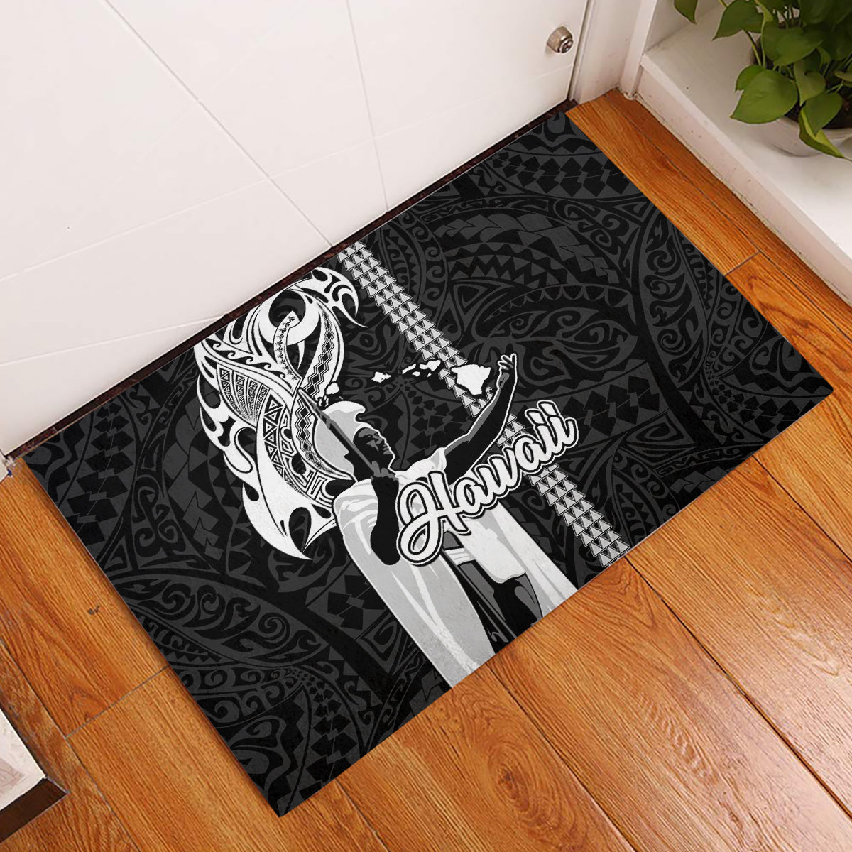 Hawaii Oahu Island Rubber Doormat Hawaiian King and Kakau Symbols Abstract Shoulder Tattoo LT03 Black - Polynesian Pride
