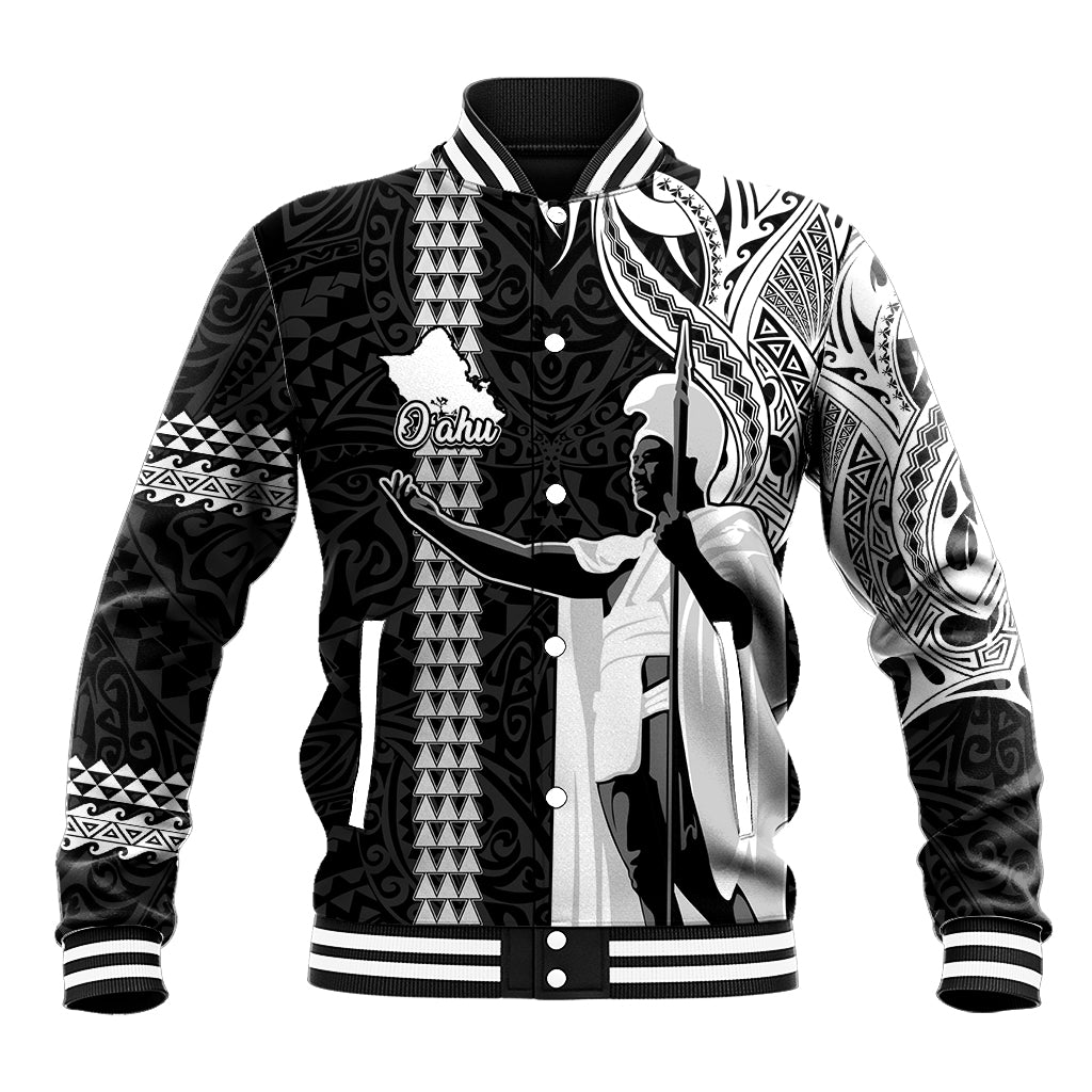 Custom Hawaii Oahu Island Baseball Jacket Hawaiian King and Kakau Symbols Abstract Shoulder Tattoo LT03 Unisex Black - Polynesian Pride