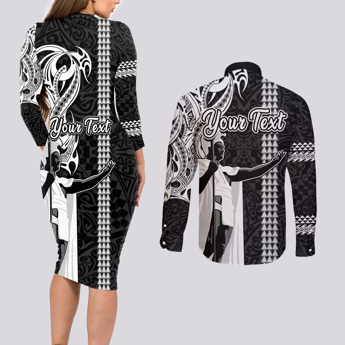 Custom Hawaii Oahu Island Couples Matching Long Sleeve Bodycon Dress and Long Sleeve Button Shirts Hawaiian King and Kakau Symbols Abstract Shoulder Tattoo LT03 - Polynesian Pride