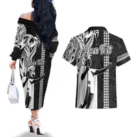 Custom Hawaii Oahu Island Couples Matching Off The Shoulder Long Sleeve Dress and Hawaiian Shirt Hawaiian King and Kakau Symbols Abstract Shoulder Tattoo LT03 - Polynesian Pride