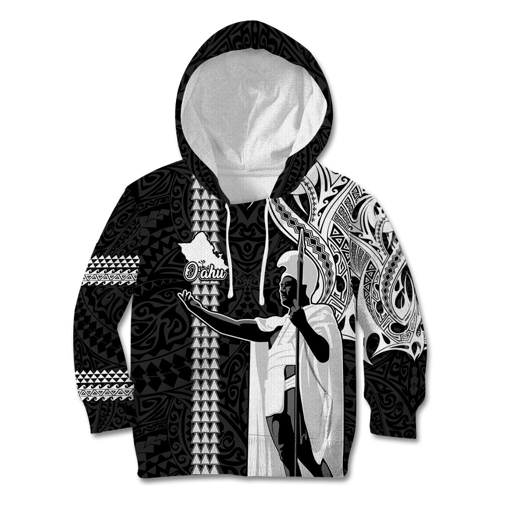 Custom Hawaii Oahu Island Kid Hoodie Hawaiian King and Kakau Symbols Abstract Shoulder Tattoo LT03 Black - Polynesian Pride