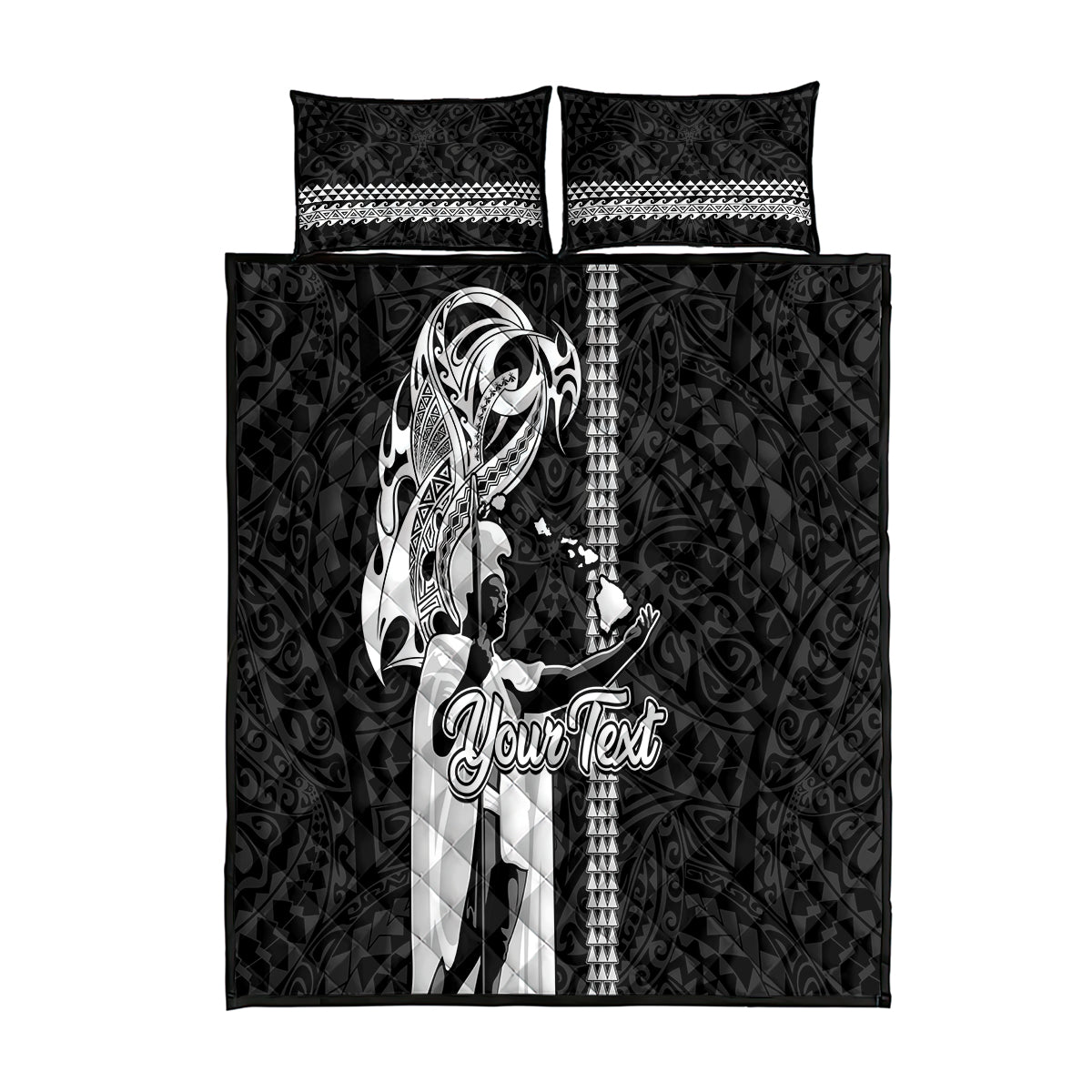 Custom Hawaii Oahu Island Quilt Bed Set Hawaiian King and Kakau Symbols Abstract Shoulder Tattoo LT03 Black - Polynesian Pride