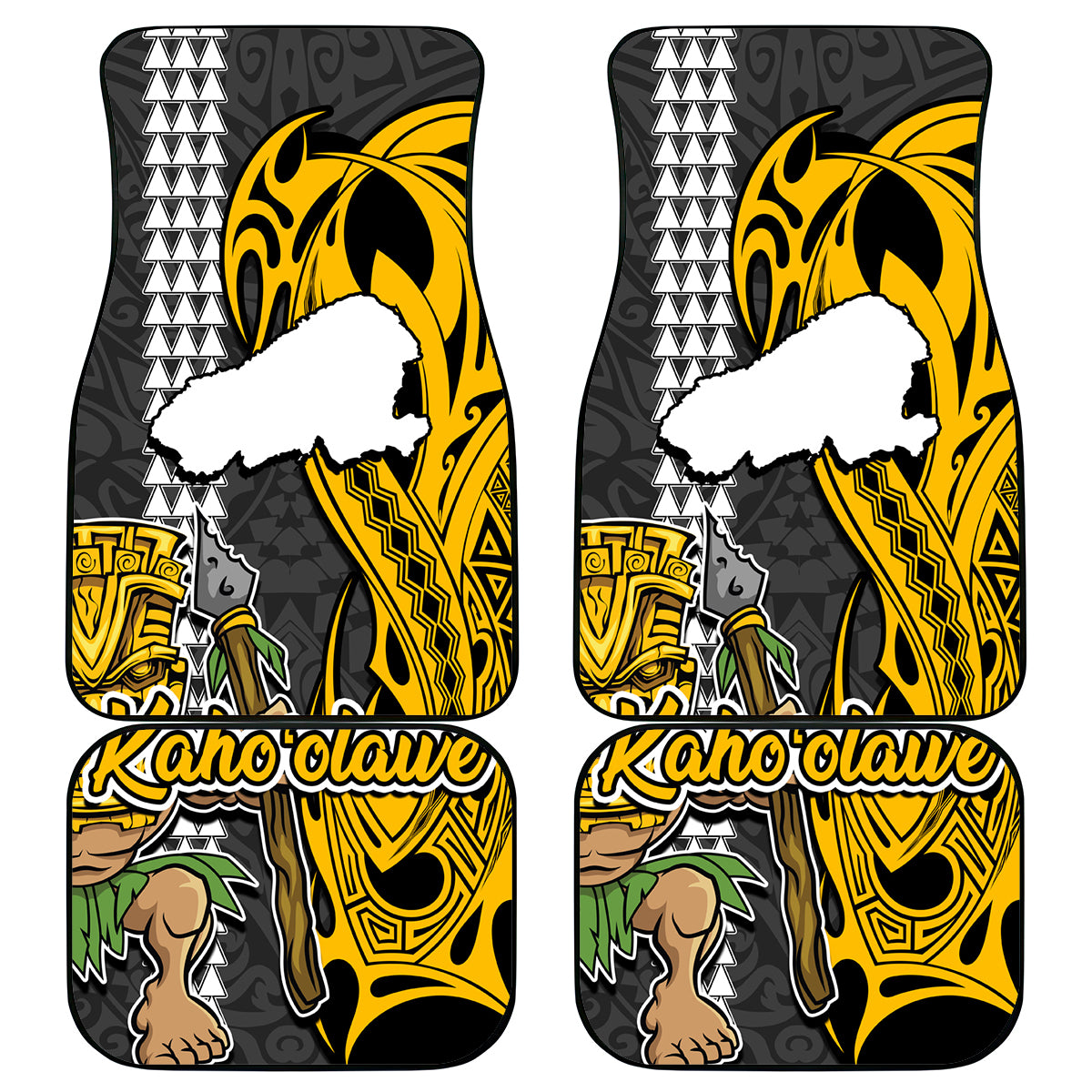 Hawaii Kahoolawe Island Car Mats Hawaiian Warrior and Kakau Symbols Abstract Tattoo LT03 Yellow - Polynesian Pride