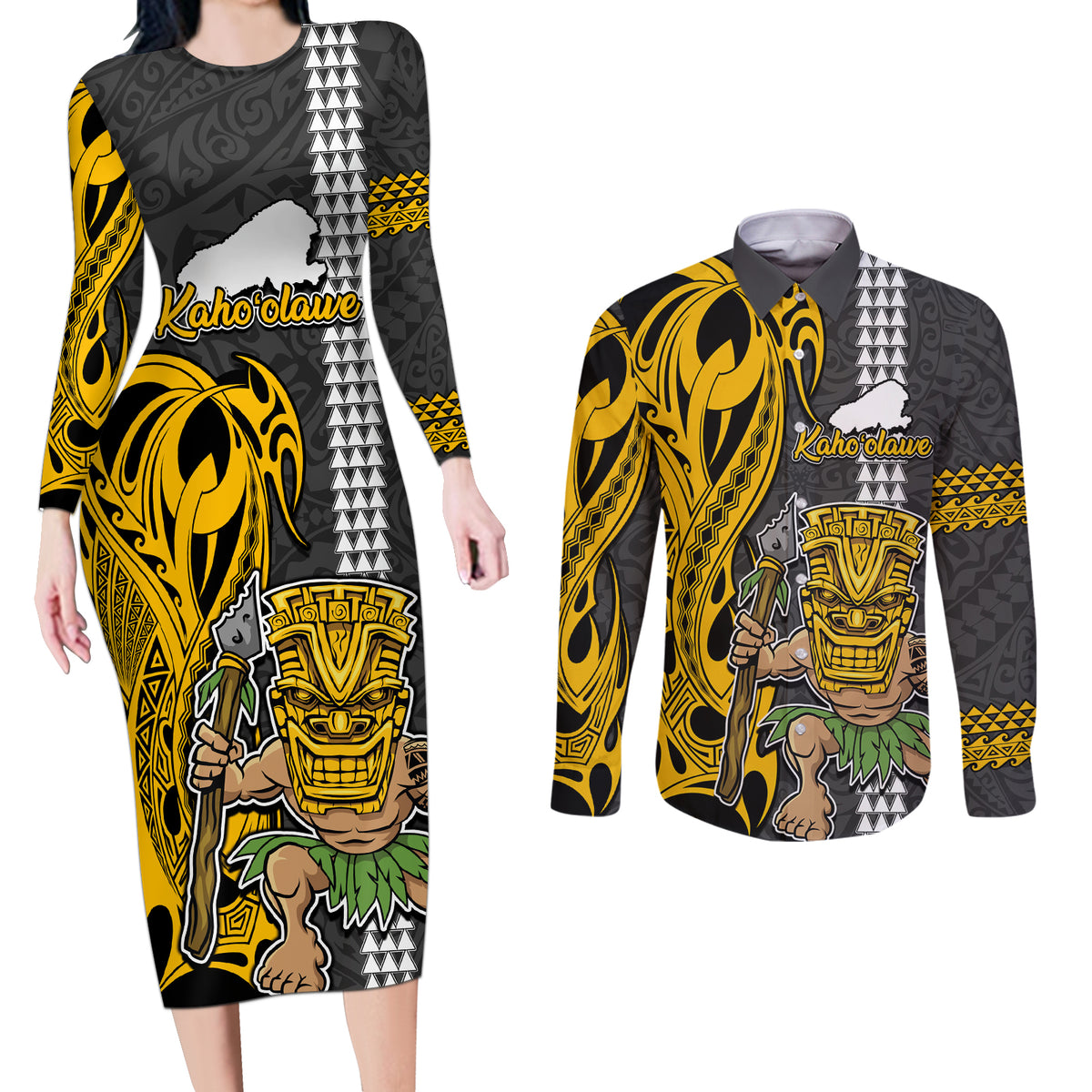 Hawaii Kahoolawe Island Couples Matching Long Sleeve Bodycon Dress and Long Sleeve Button Shirts Hawaiian Warrior and Kakau Symbols Abstract Tattoo LT03 Yellow - Polynesian Pride