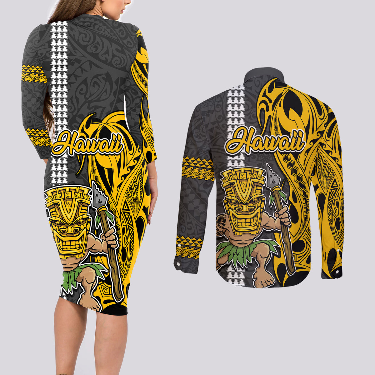 Hawaii Kahoolawe Island Couples Matching Long Sleeve Bodycon Dress and Long Sleeve Button Shirts Hawaiian Warrior and Kakau Symbols Abstract Tattoo LT03 - Polynesian Pride