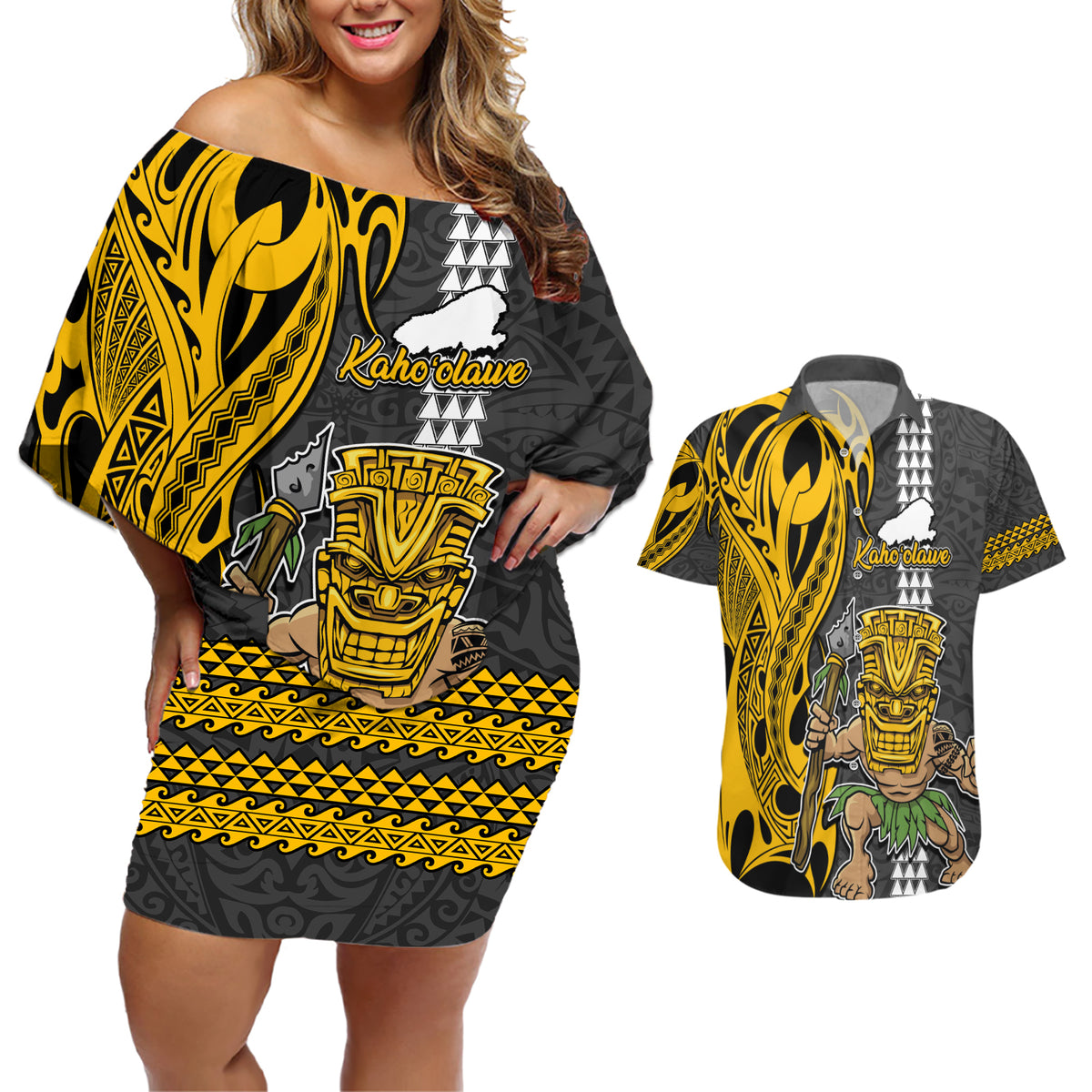 Hawaii Kahoolawe Island Couples Matching Off Shoulder Short Dress and Hawaiian Shirt Hawaiian Warrior and Kakau Symbols Abstract Tattoo LT03 Yellow - Polynesian Pride