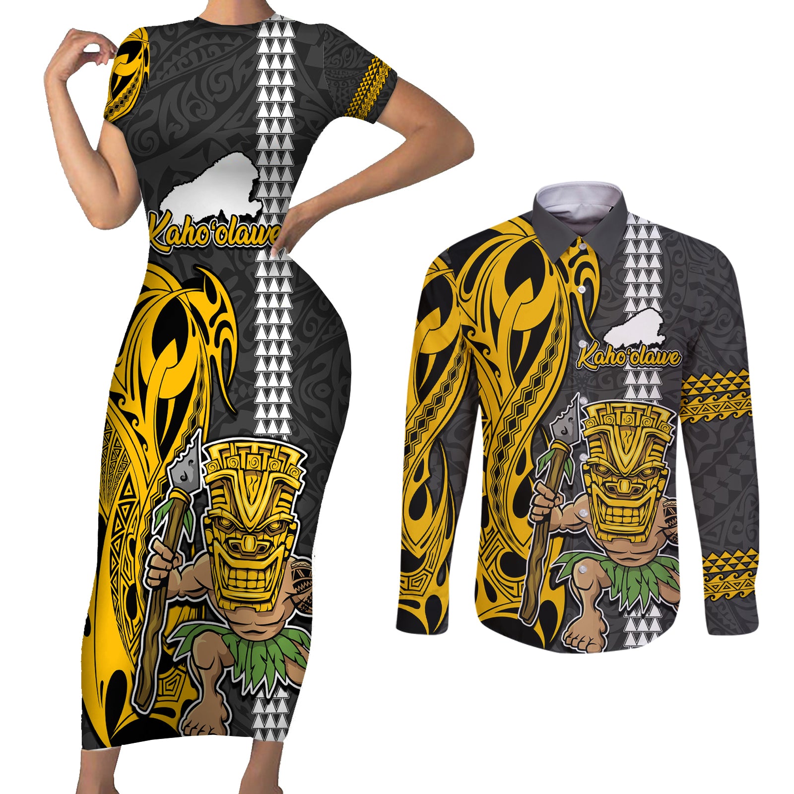 Hawaii Kahoolawe Island Couples Matching Short Sleeve Bodycon Dress and Long Sleeve Button Shirts Hawaiian Warrior and Kakau Symbols Abstract Tattoo LT03 Yellow - Polynesian Pride
