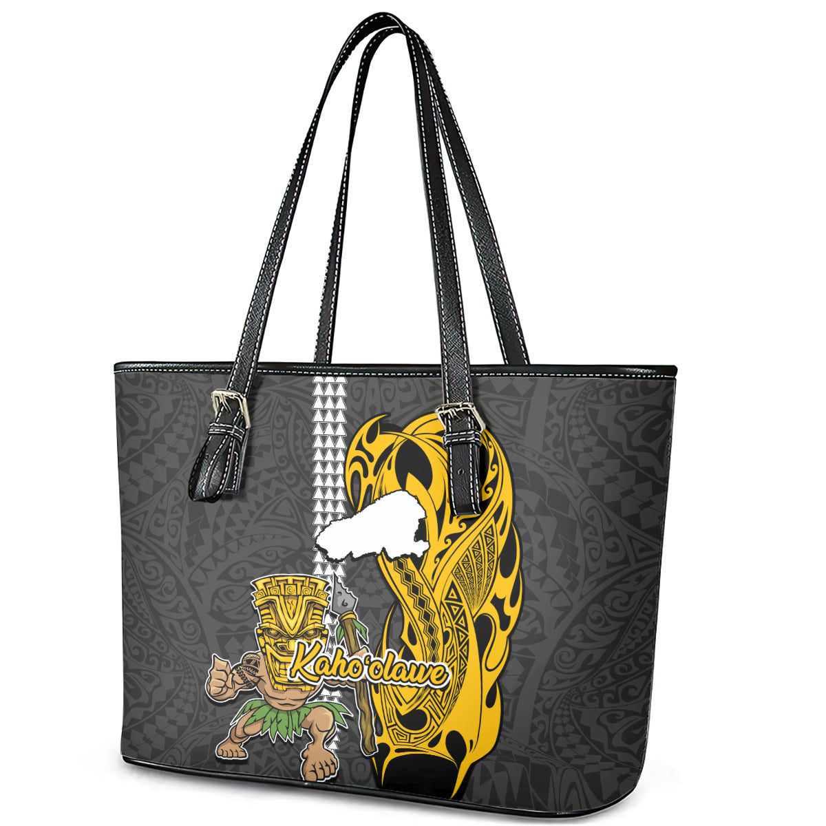 Hawaii Kahoolawe Island Leather Tote Bag Hawaiian Warrior and Kakau Symbols Abstract Tattoo LT03 - Polynesian Pride