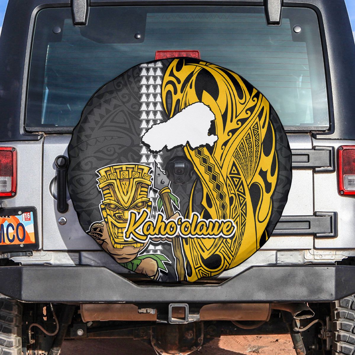 Hawaii Kahoolawe Island Spare Tire Cover Hawaiian Warrior and Kakau Symbols Abstract Tattoo LT03 - Polynesian Pride