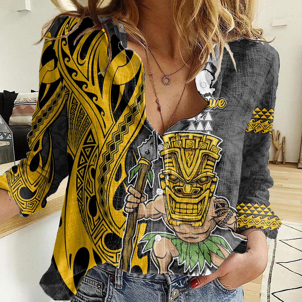 Hawaii Kahoolawe Island Women Casual Shirt Hawaiian Warrior and Kakau Symbols Abstract Tattoo LT03 Female Yellow - Polynesian Pride