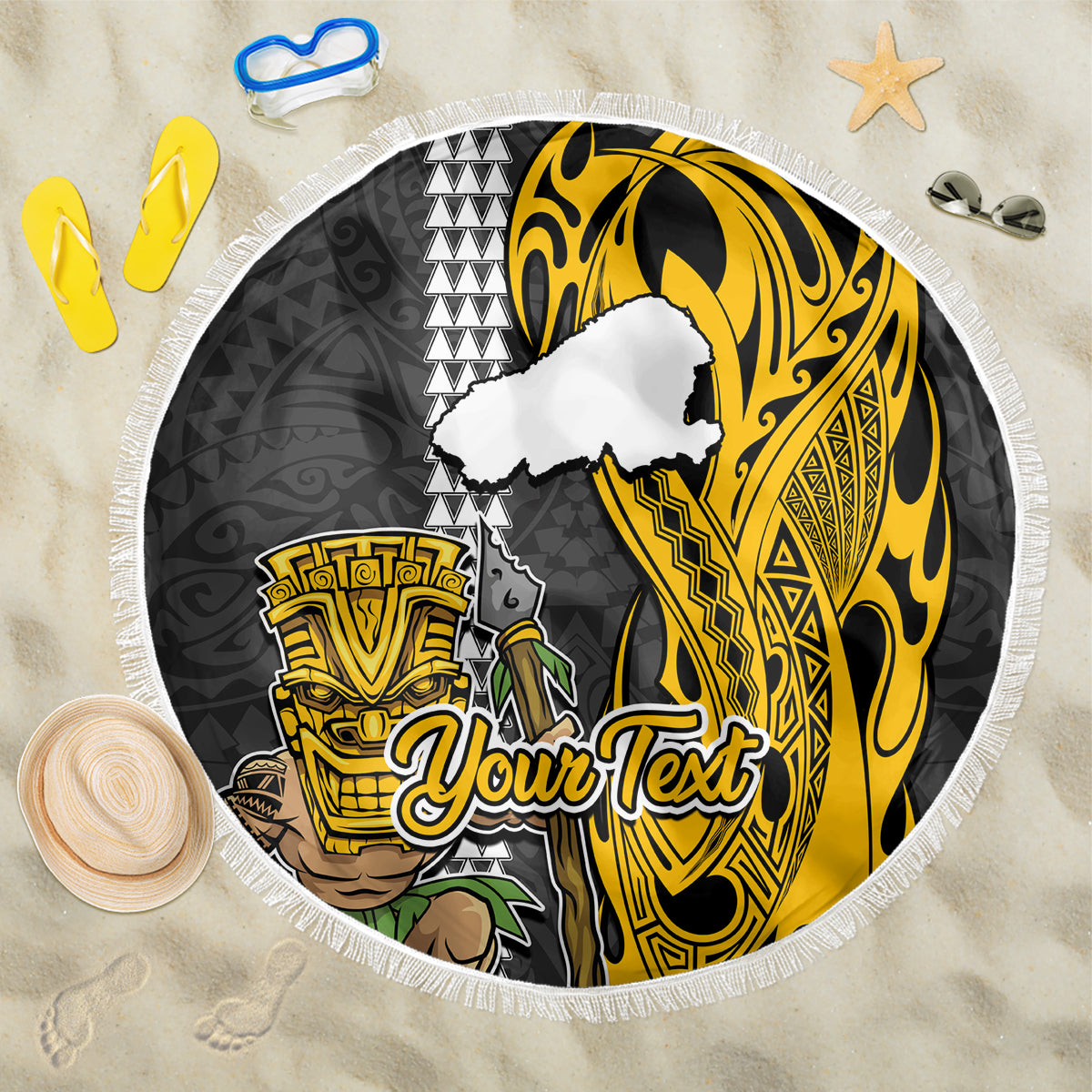 Custom Hawaii Kahoolawe Island Beach Blanket Hawaiian Warrior and Kakau Symbols Abstract Tattoo LT03 One Size 150cm Yellow - Wonder Print Shop