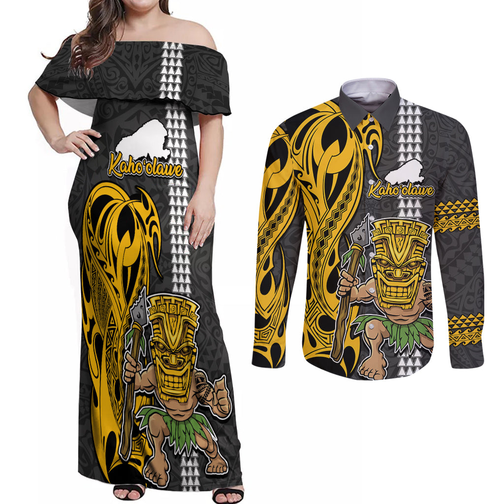 Custom Hawaii Kahoolawe Island Couples Matching Off Shoulder Maxi Dress and Long Sleeve Button Shirts Hawaiian Warrior and Kakau Symbols Abstract Tattoo LT03 Yellow - Polynesian Pride