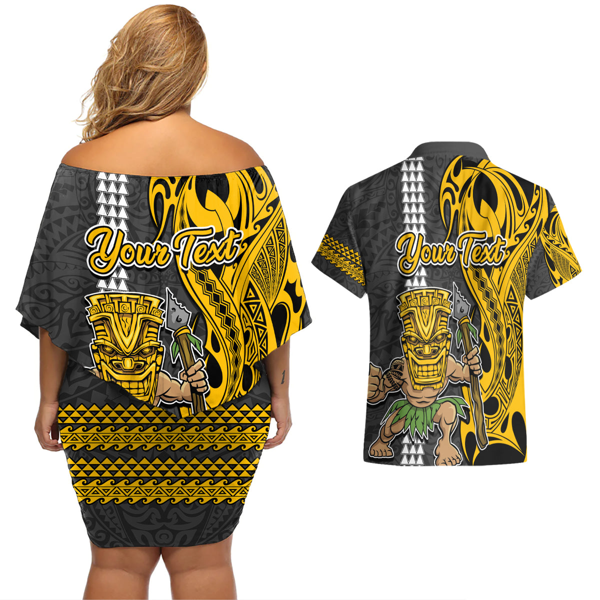 Custom Hawaii Kahoolawe Island Couples Matching Off Shoulder Short Dress and Hawaiian Shirt Hawaiian Warrior and Kakau Symbols Abstract Tattoo LT03 - Polynesian Pride