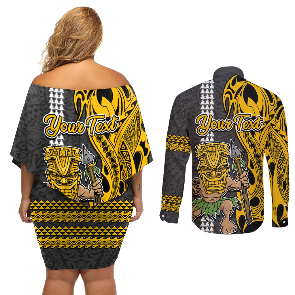 Custom Hawaii Kahoolawe Island Couples Matching Off Shoulder Short Dress and Long Sleeve Button Shirts Hawaiian Warrior and Kakau Symbols Abstract Tattoo LT03 - Polynesian Pride